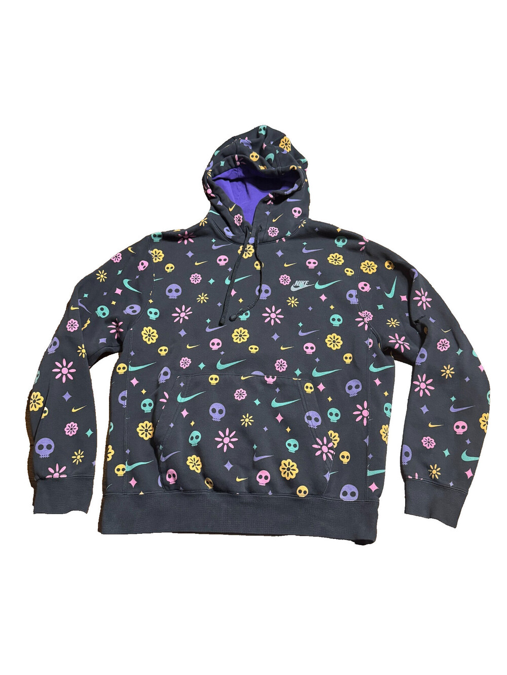 Nike Day of the Dead Hoodie Mens M Black Swoosh Sugar Skull Sweatshirt *READ